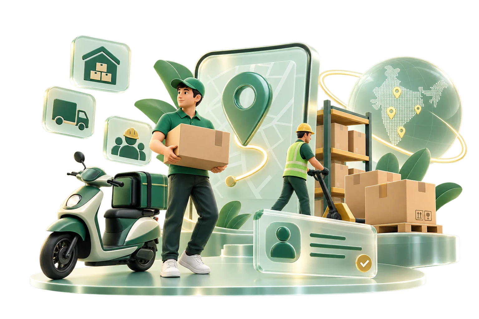 Delivery and warehouse workers with a scooter, parcels and an India logistics network