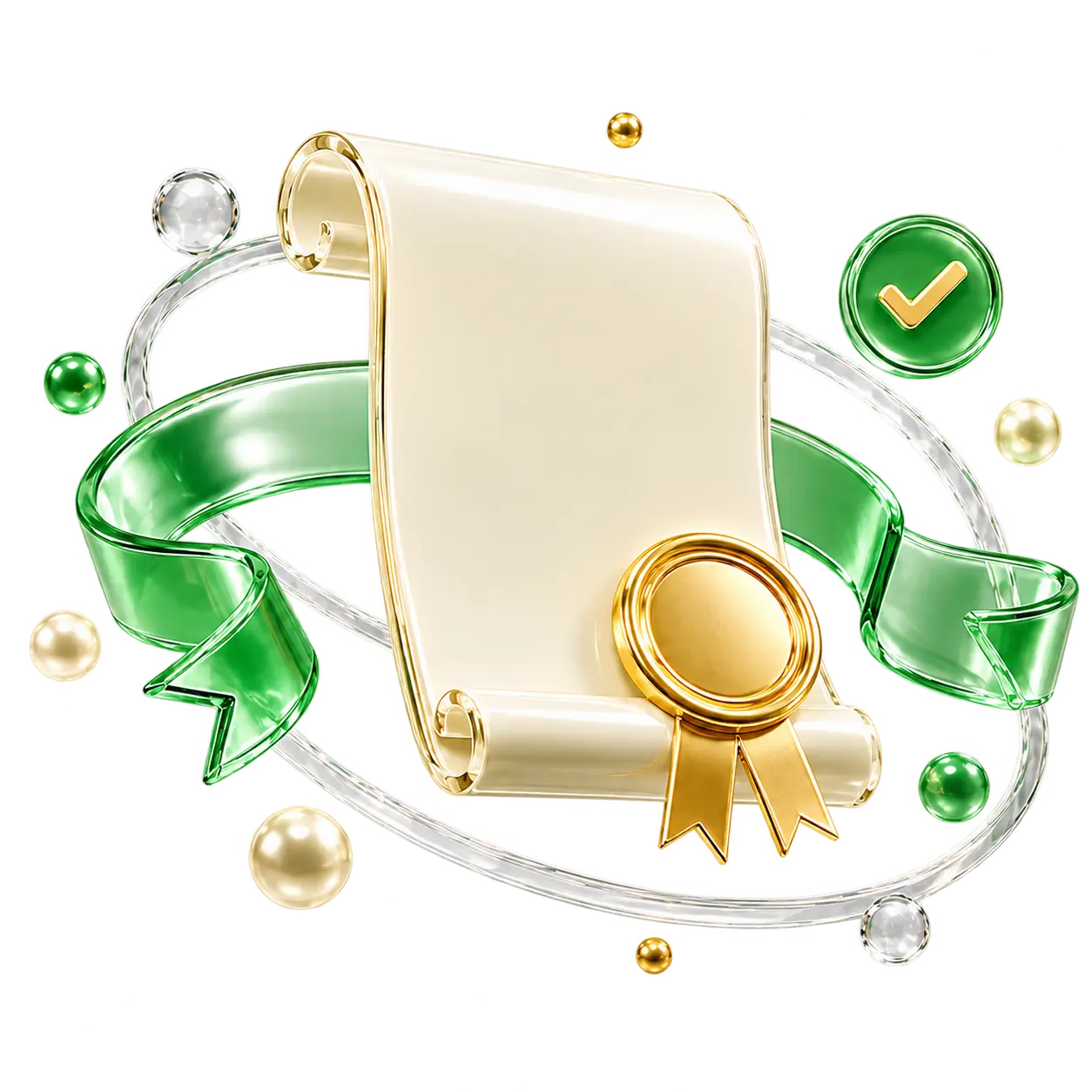 Glass 3D diploma, gold medal and completion symbol representing an internship milestone