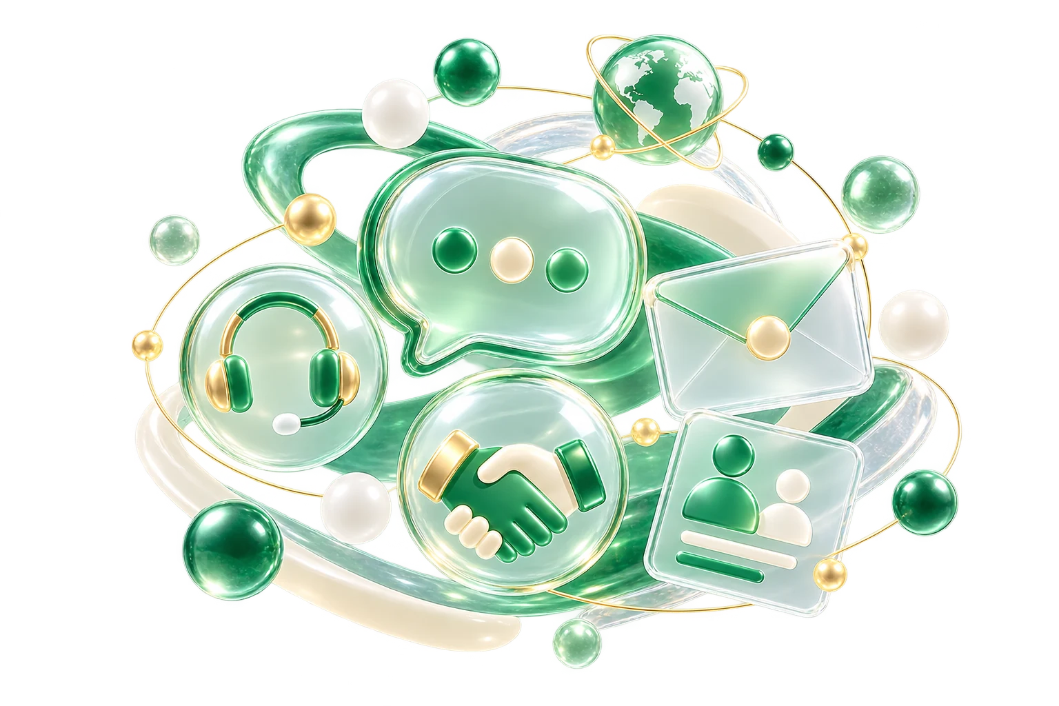 Glass 3D communication, support and business relationship icons