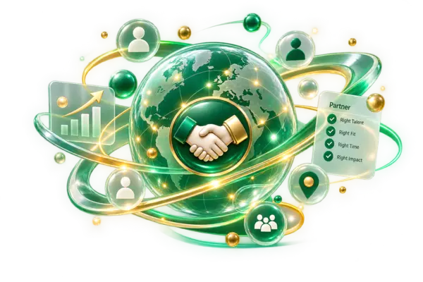 3D globe and handshake representing TalentArc recruitment partnerships
