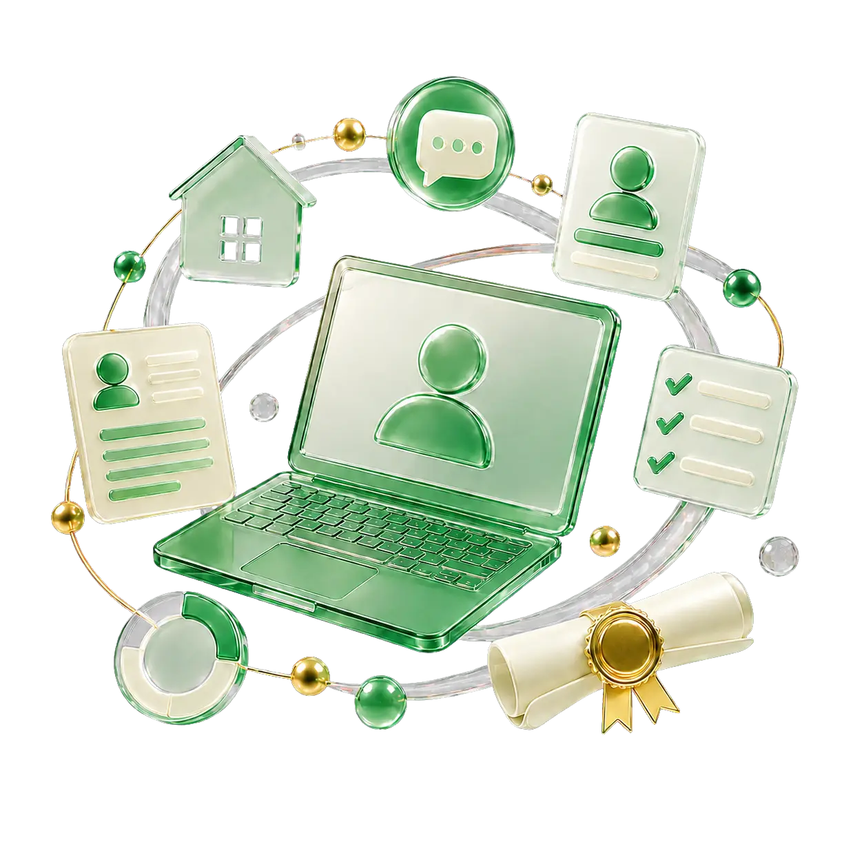 Glass 3D laptop, remote-work cards, mentor feedback and completion certificate
